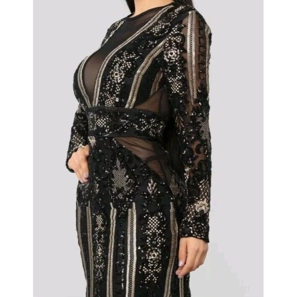 Fashion Nova Dress Black Gold Sequin Floral Embroidered Evening Gown Size Small - Picture 5 of 16